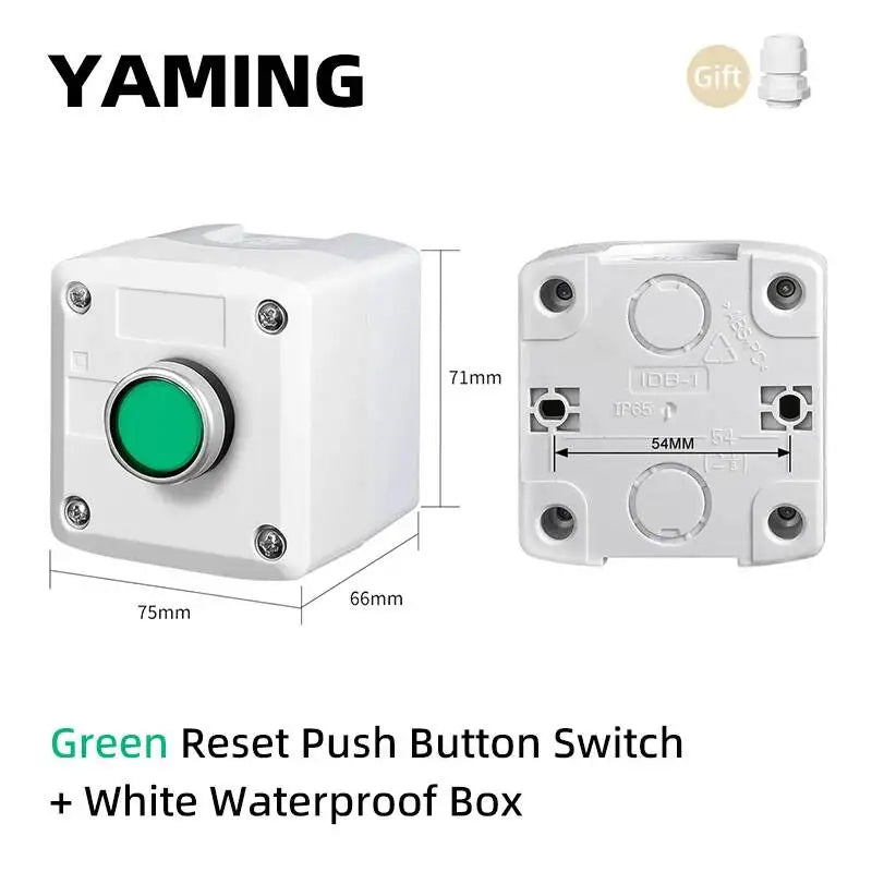 1P One-Hole Momentary Self-Reset Push Button Switch Start/Stop Round Flat Green Mushroom Head Control Box 22mm