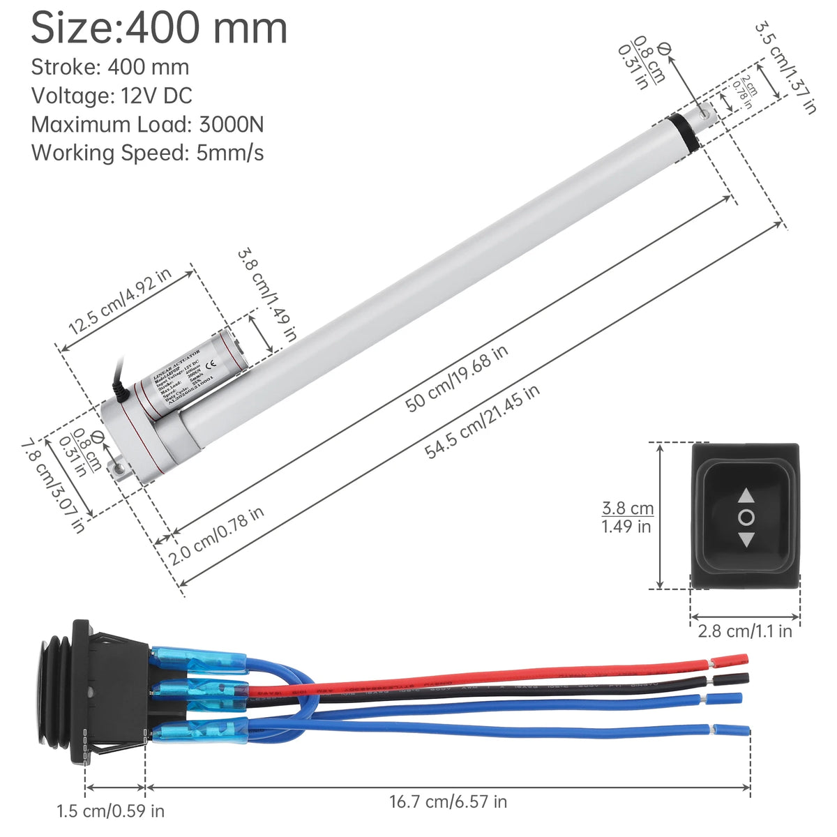 12V Electric Linear Actuator 50/100/150/200/250/300/350/400mm Stroke 3000N Electric Reciprocating Lifting Linear Motion Actuator