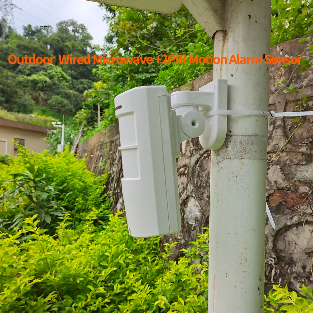 DC12V Outdoor Wired Microwave PIR Motion Sensor Alarm with Rain Cover 12M 100 Degrees Wide Angle Detection Anti-pet Anti-mask