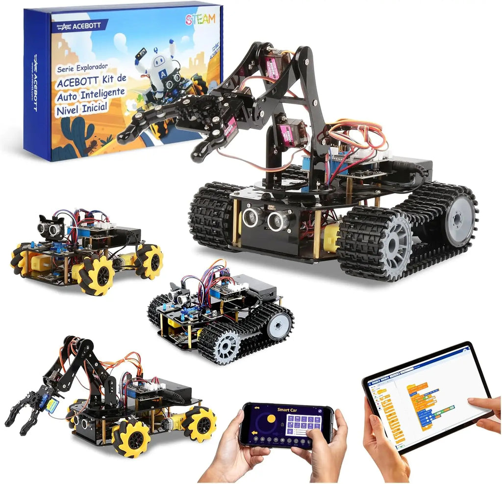 Robotics for Kids Ages 12-16 ACEBOTT 4 in 1 Smart Robot Arm with 5DOF + Tank Car STEM Toys Coding Kit for Arduino Scratch App
