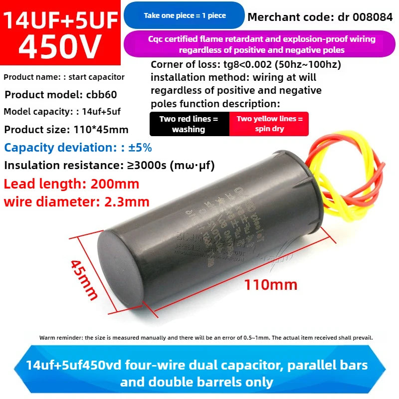 CBB60 Capacitor 450V AC Motor Run Capacitors 3/4/5/6/8/10/12/14/15/16/18/20/30/35/40/50/60/70UF for Washing Machine, Water Pump