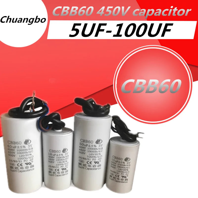 CBB60 450V motor washing machine dehydrator water pump starting capacitance 5UF 10 20UF 25UF 30UF 35UF 40UF 45UF 50UF 55UF 100UF