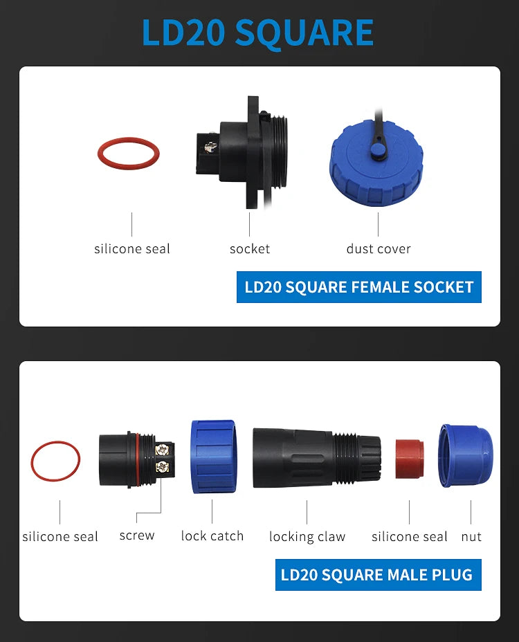 Waterproof IP68 Aviation Plug LD20-2/3/4/5/6/7 Pin No-welding Screw crimp Wire cable Connector Male Plug and Female Socket