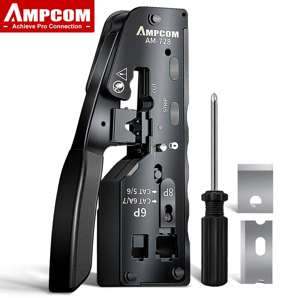 AMPCOM RJ45 Crimper CAT7 Crimping Tool for Pass Through RJ11 RJ45 Connector CAT6 CAT5E Modular Plugs With Wire Stripper Cutter