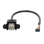 Motherboard 9-Pin to Dual Port USB 2.0 A Female With Ear Screw Hole Panel Data Extension Cable DuPont 2.0/2.54mm 9Pin Terminal