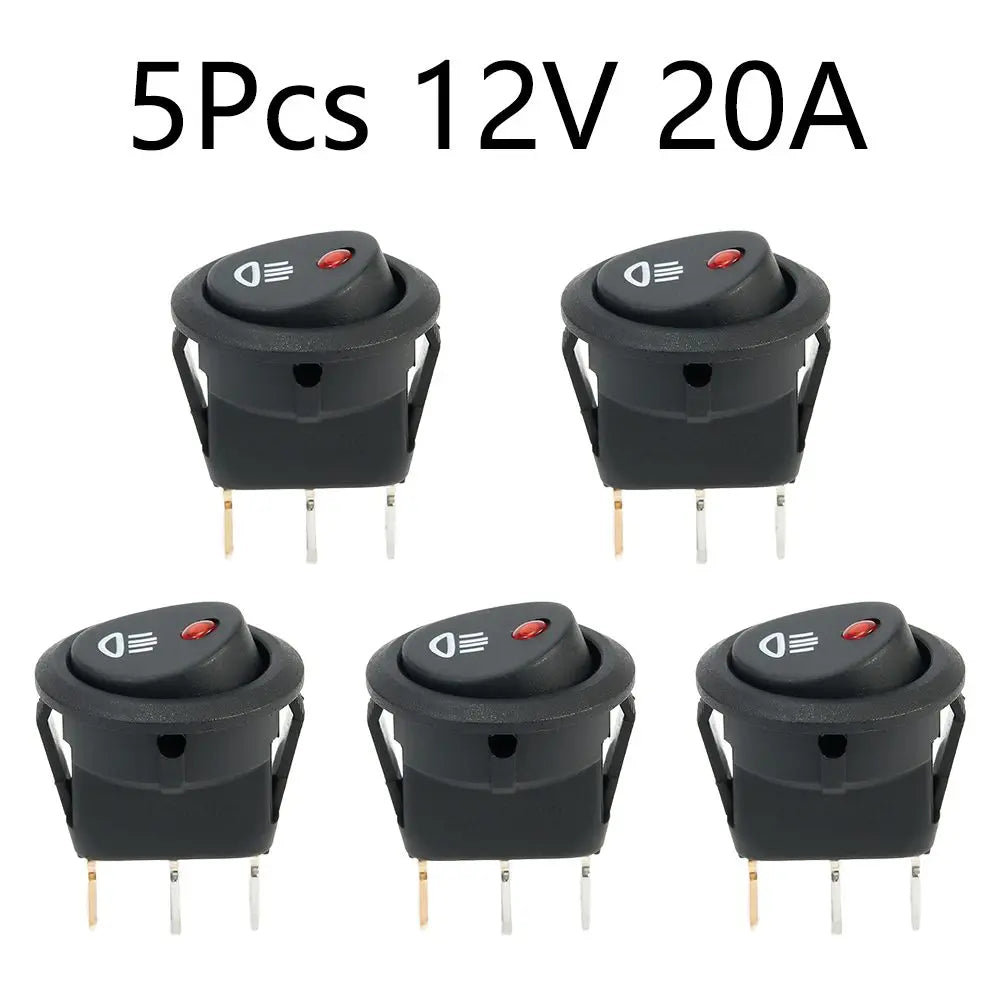 5Pcs Black On-OFF Rocker Switch Set Round DC 12V 20A Red Led Fog Light Lamp Symbol Car Van Truck Boat Rocker Switch