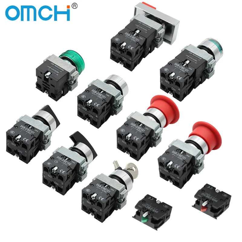OMCH Button Switch Self Reset SKB2 Small Mushroom Head Emergency Stop 22mm Knob Key Start Inching Power On