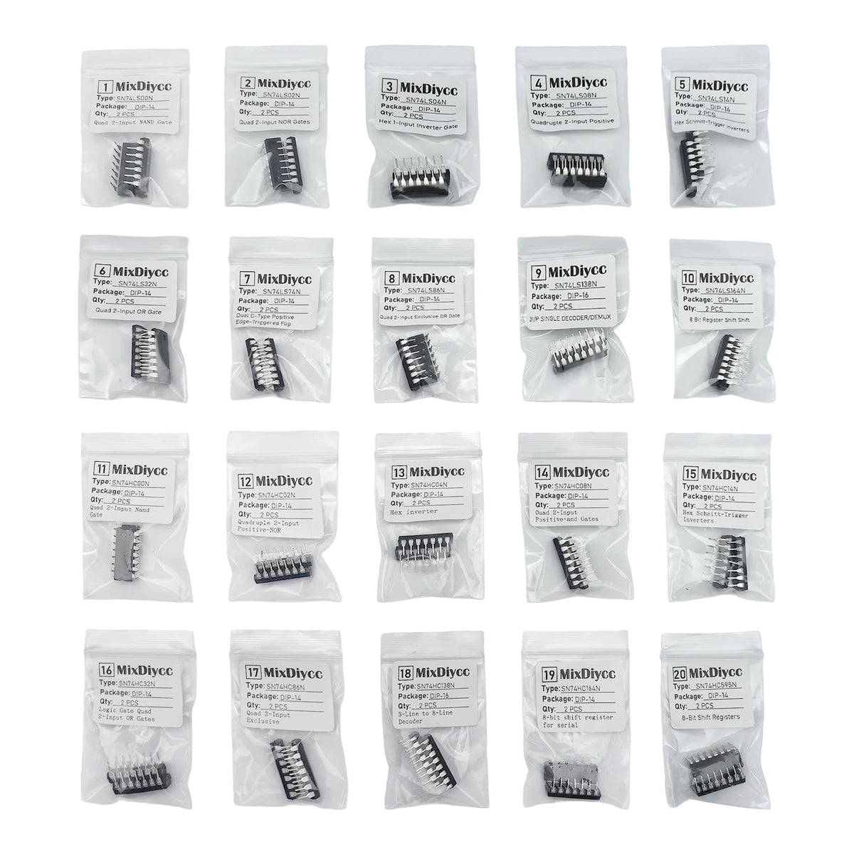 20 Values 74 Series Logic IC Kit DIP14/-16 SN74LS SN74HC 00N/02N/04N/08N/14N/32N/74N/86N/138N/164N/595N Total 40 Pcs