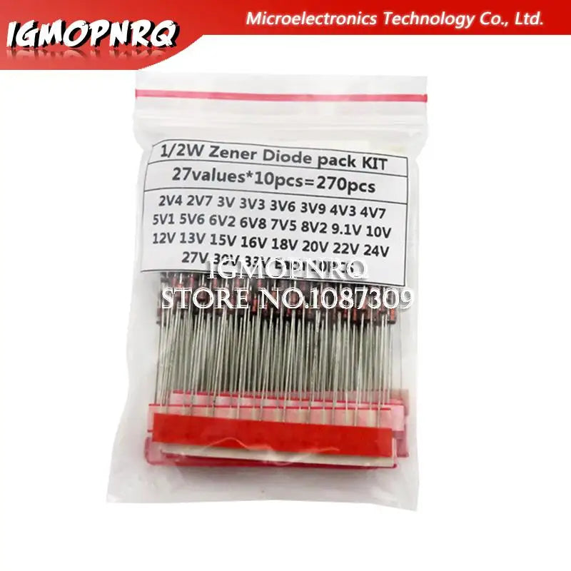270pcs 0.5W Zener Diode kit Assortment Set 1/2W 2V4-33V Zener Diode pack 12V 18V 5V1 5V6 3V3 3V6 4V3 4V7 6V2 6V8 7V5 20V 22V