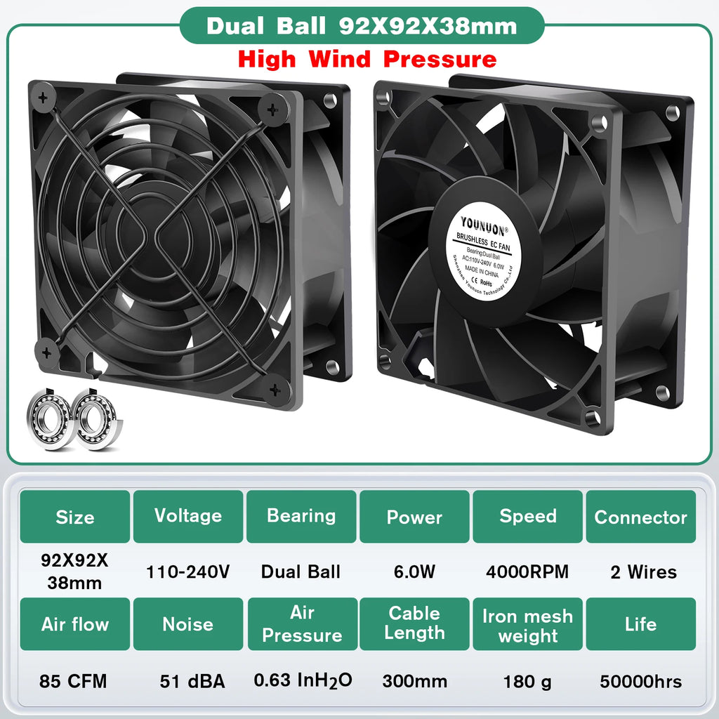 YOUNUON 60mm 80mm 90mm 120mm EC Brushless Fan AC 110V 115V 120V 220V 240V Axial Fan with Srews/Grill 6025 8025 9225 12025 12038