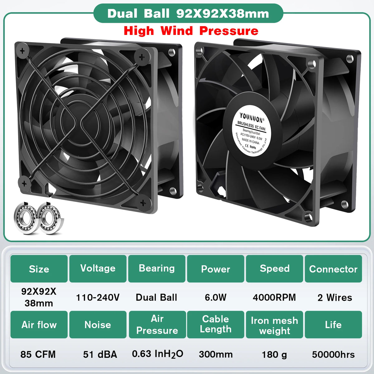 YOUNUON 60mm 80mm 90mm 120mm EC Brushless Fan AC 110V 115V 120V 220V 240V Axial Fan with Srews/Grill 6025 8025 9225 12025 12038