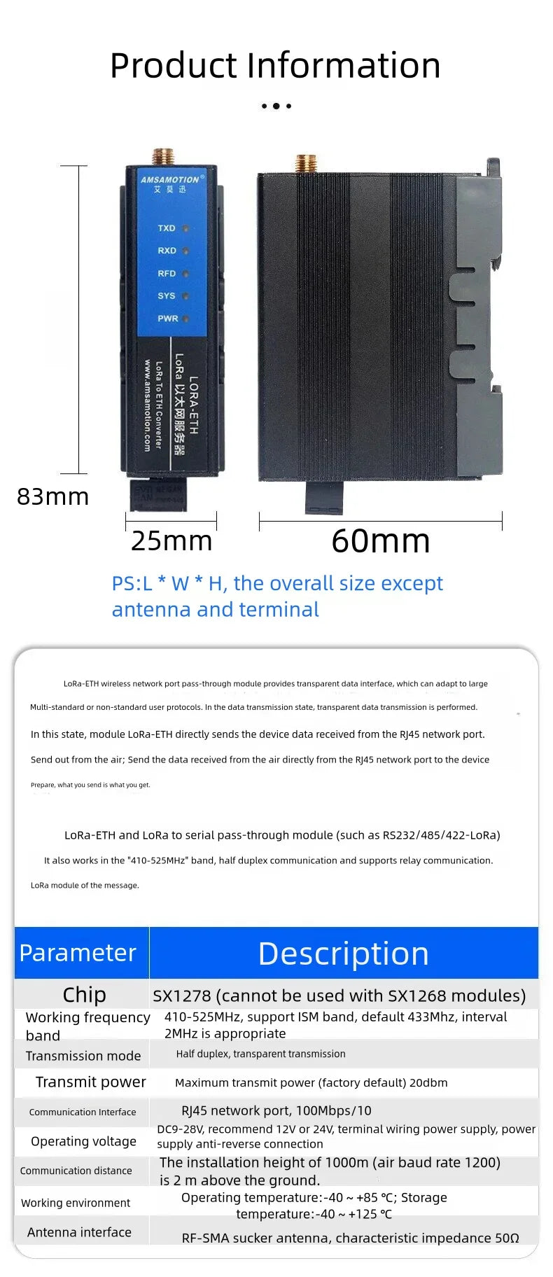 LORA to Ethernet Module LORA-ETH Wireless Remote IO Converter Transmission Signal Data Acquisition Transceiver 3m 10m Antenna