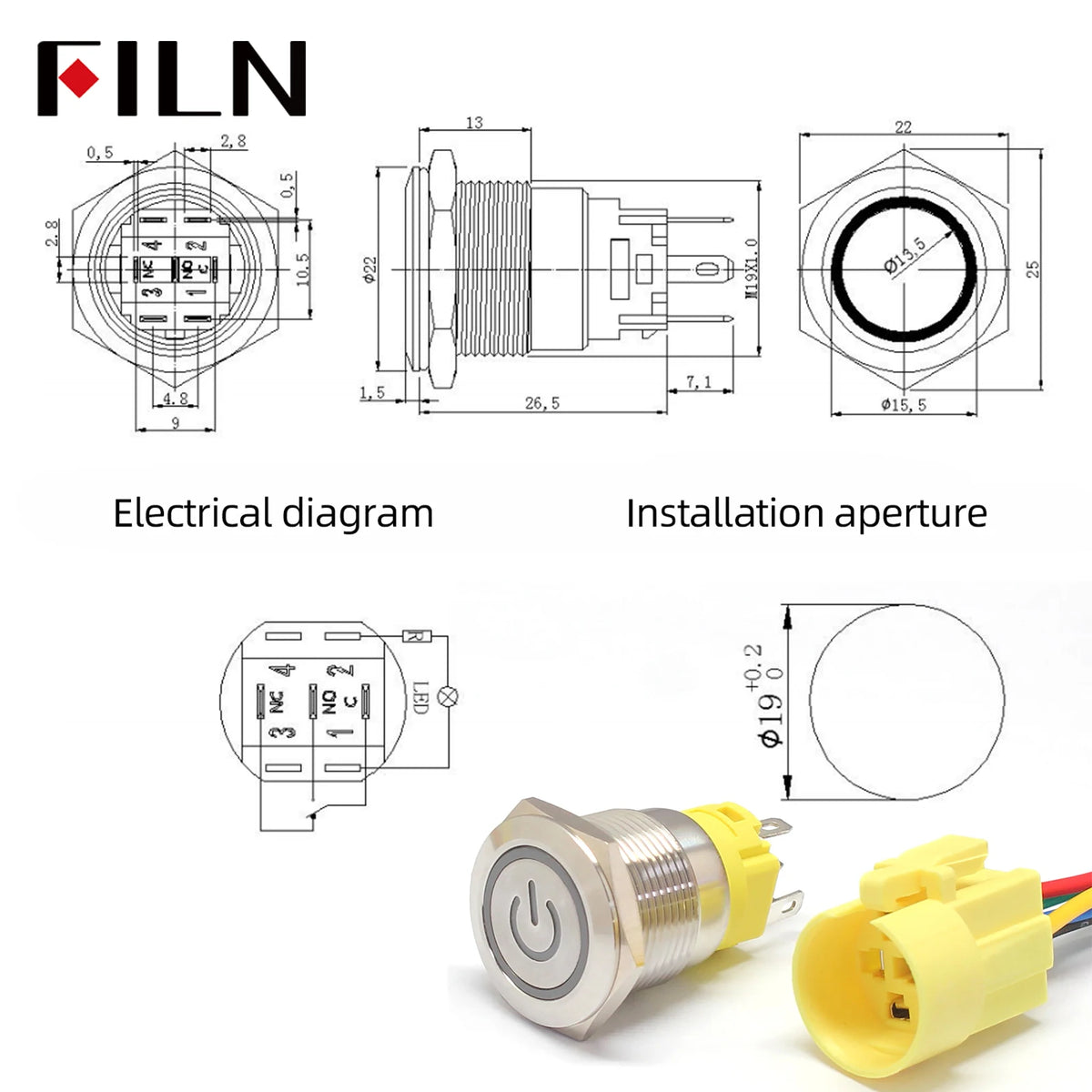 FILN 16mm 19mm 22mm Stainless Steel Waterproof LED Indicator Metal Push Button  Switch Power Symbol   Start Stop Power on Off