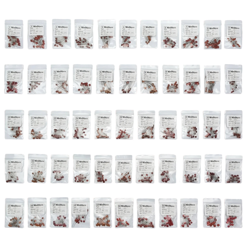 55 Values Ceramic Capacitor Kit 50V 1/1.5/2.2/3.3/4.7/6.8/10/15/22/33/47/68/100/220/330/470 pF nF 102/104/104/ Total 1100 Pcs