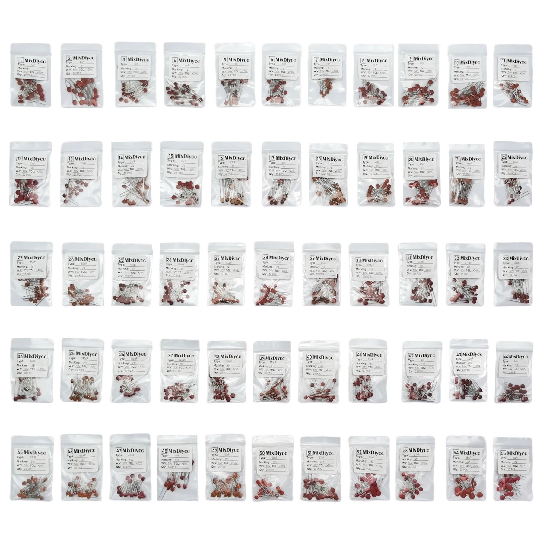 55 Values Ceramic Capacitor Kit 50V 1/1.5/2.2/3.3/4.7/6.8/10/15/22/33/47/68/100/220/330/470 pF nF 102/104/104/ Total 1100 Pcs