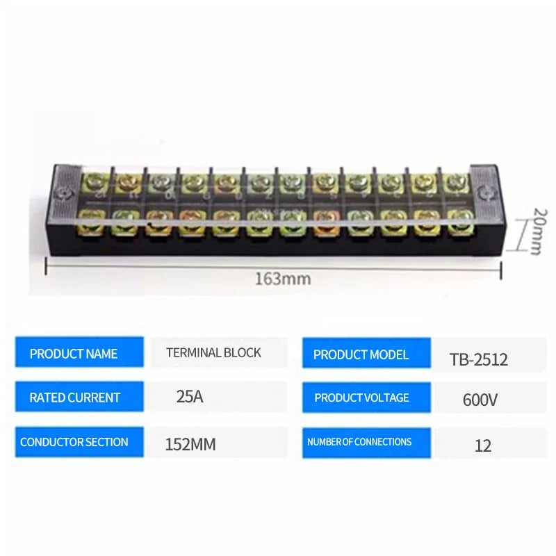 15A/25A/45A 600V Dual Row Barrier Screw Terminal Block Wire Connector TB Series 3/4/5/6/8/10/12 PIN Optional TB-1503 TB-2503
