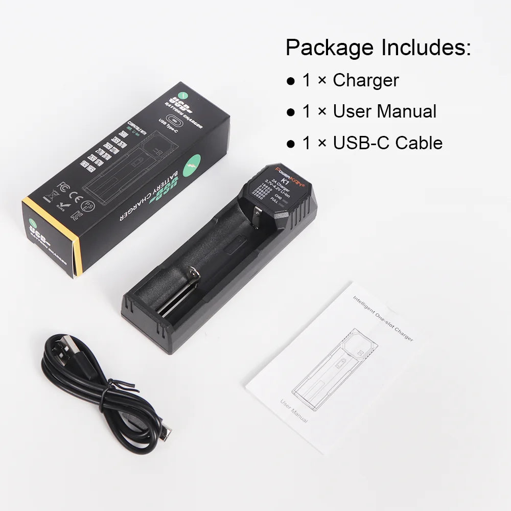 POWERKAN K1 1 Slot Smart Charger, Type-C Fast Charger for 18650 21700 26650 Li-ion Batteries