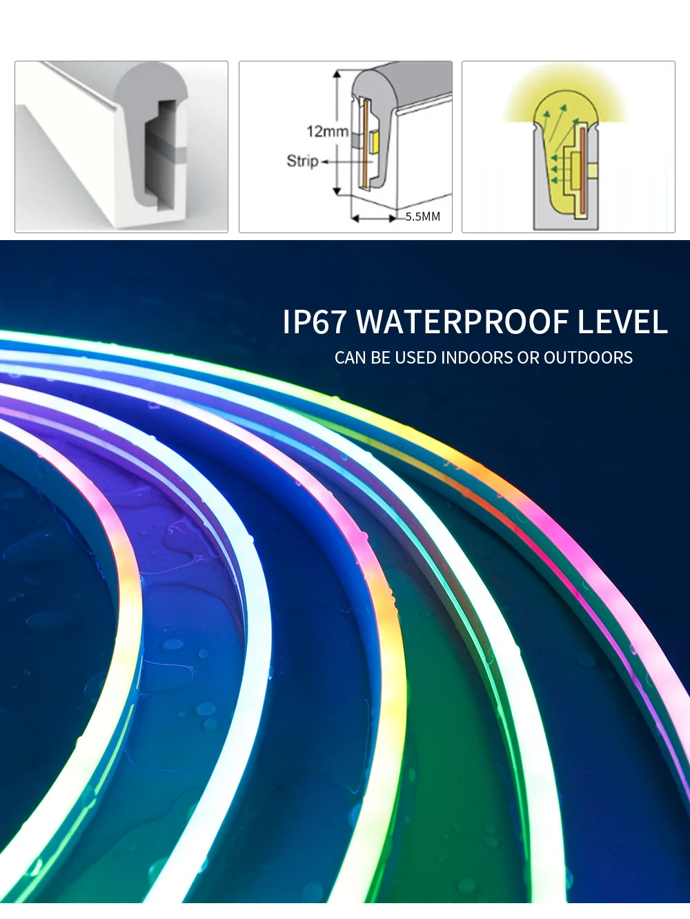 Dream Color LED Neon Strip WS2811 5050 RGBIC P67 Waterproof   Addressable Smart IC Flexible Light Tape for Room DIY DC12V/24V