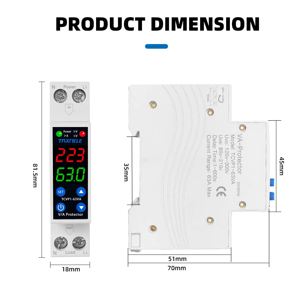 18MM 1P+N 63A 230V Dual Display Adjustable Digital Over Under Voltage Relay Surge Protector Limit Over Current Protection