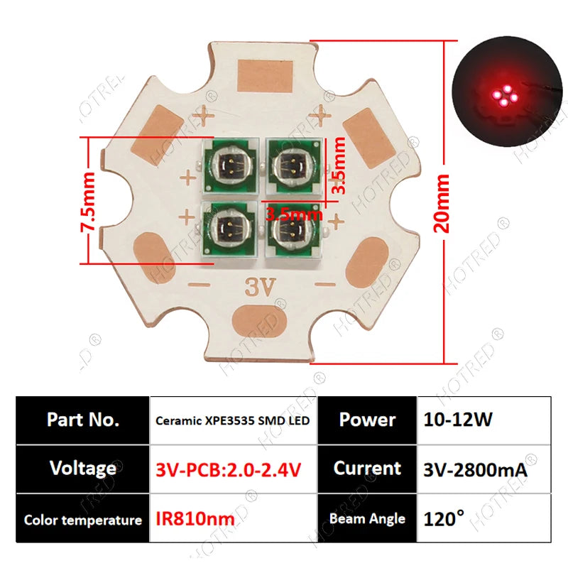 10W High Power LED Chip IR Infrared 660nm 680/730/760/810/850nm 12W 3535 Bead 2V 4V 8V 700/1400/2800mA For Night Vision Security