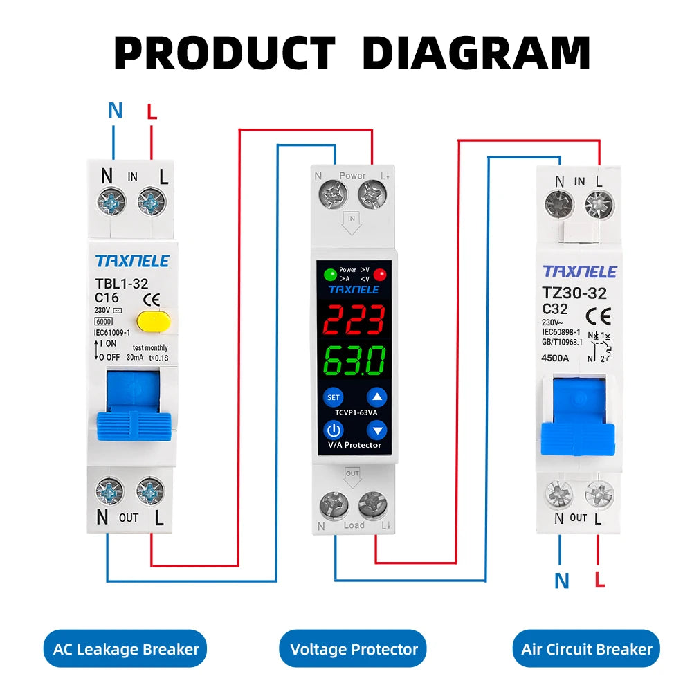 18MM 1P+N 63A 230V Dual Display Adjustable Digital Over Under Voltage Relay Surge Protector Limit Over Current Protection