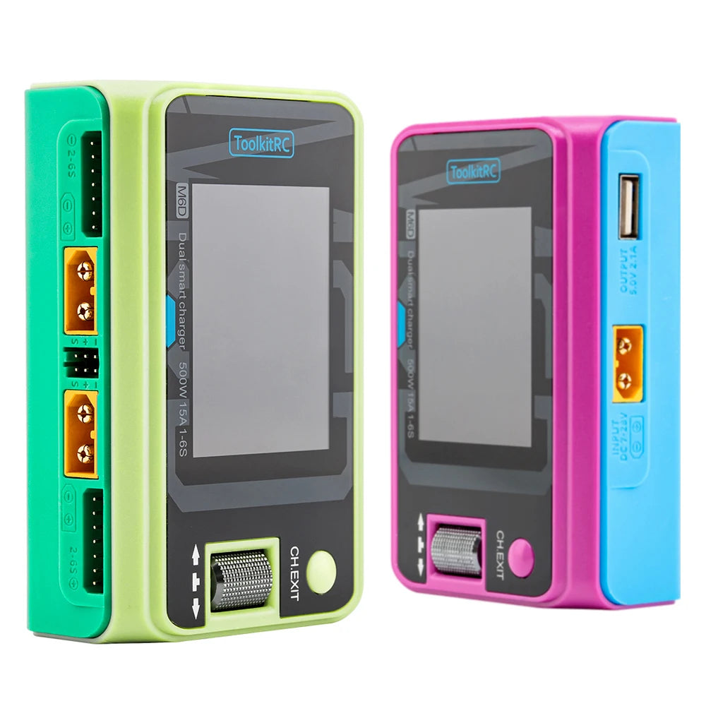 ToolkitRC M6D Green Purple 500W 15A DC Dual Channel Smart Charger Discharger For 1-6S Lipo Battery FPV Model Spare Part Replace