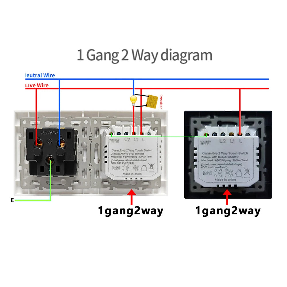 Touch Light Switch With EU Socket 1 Gang 2 Way Wall Light Switch LED Sensor Tempered Glass Interrupter EU Standard 240V