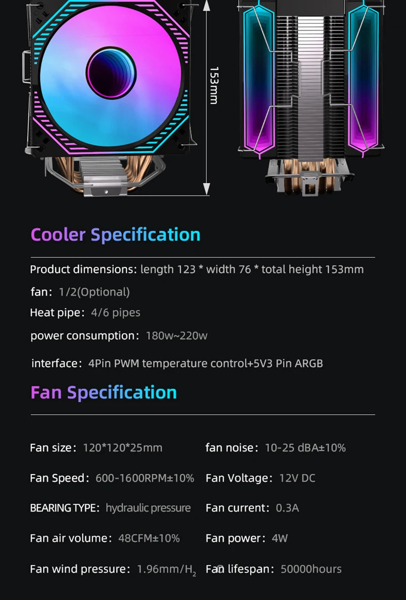 Metalfish CPU Air Cooler 4 6 Heat Pipe PC Radiator Cooling ARGB PWM 12cm Fan For 1851/1700/1200/115X/AM5/AM4/2011/X79/X99