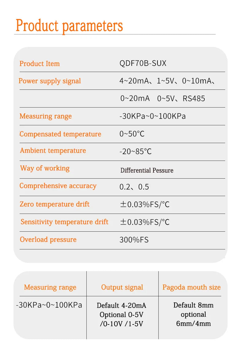 0-3Kpa to RS485 Micro Differential Pressure Transducer 0-50Kpa to 4-20mA 0-10V RS485 Wind Air Pressure Transmitter Sensor