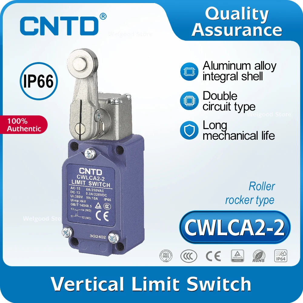 Heavy‑Duty Industrial Limit Switch CNTD CWLCA2‑2 10A 380VAC IP66 DPDT Za Double Break Roller Lever Vertical Travel Switch