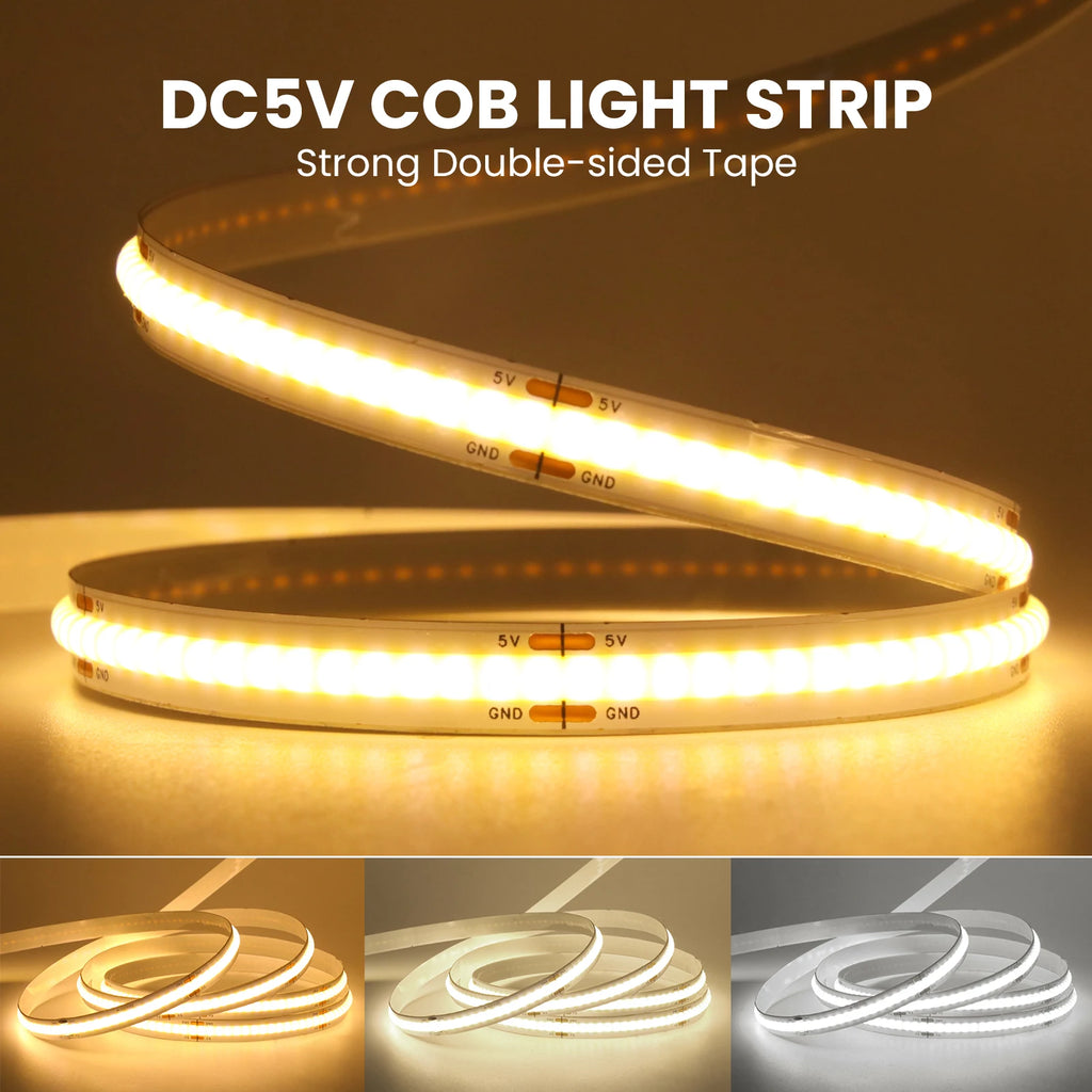 3AA Battery Box COB LED Strip 5V 8MM 320LEDs/m Warm Natural White Flexible Battery Tape COB Strip for Bedroom TV Backlight
