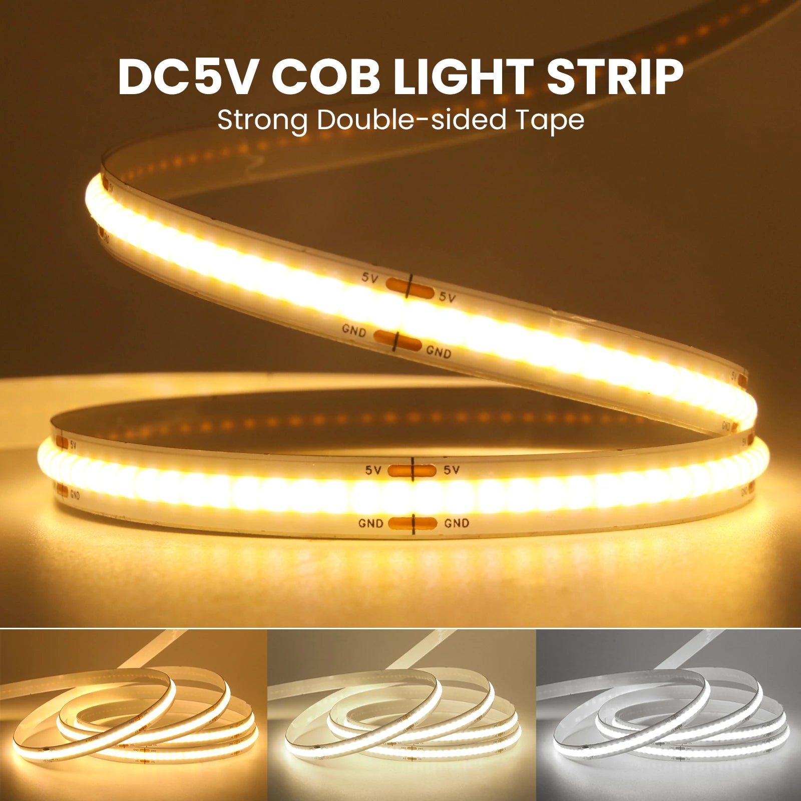 3AA Battery Box COB LED Strip 5V 8MM 320LEDs/m Warm Natural White Flexible Battery Tape COB Strip for Bedroom TV Backlight