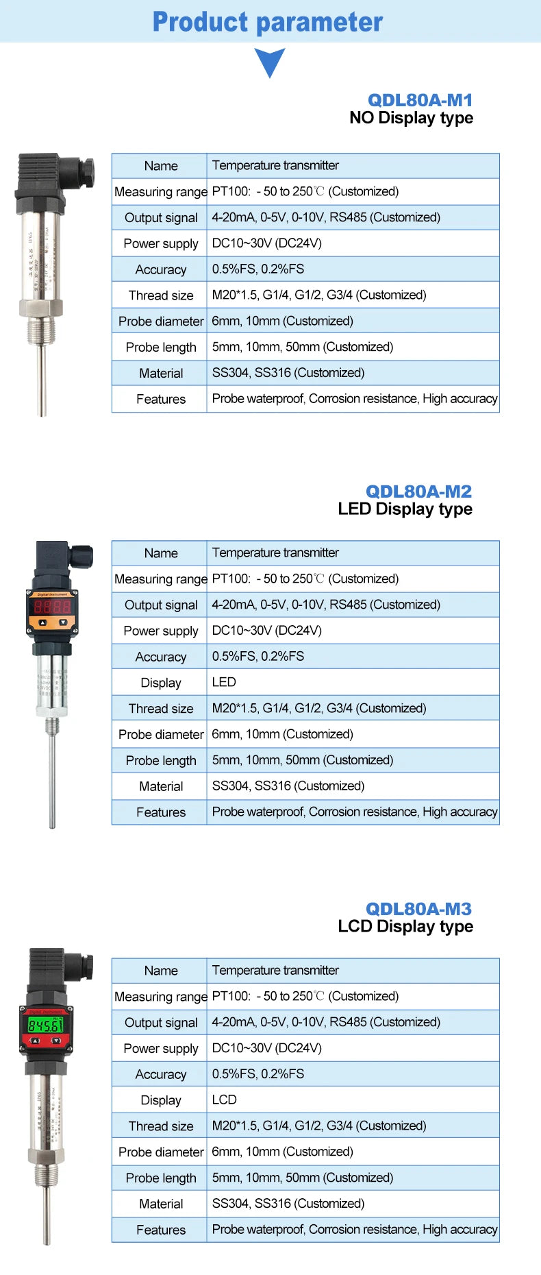 0-200C to RS485 4-20mA 0-10V 0-5V Temperature Signal Transmitter Converter -50-100C 304SS Probe DC24V PT100 Temperature Sensor