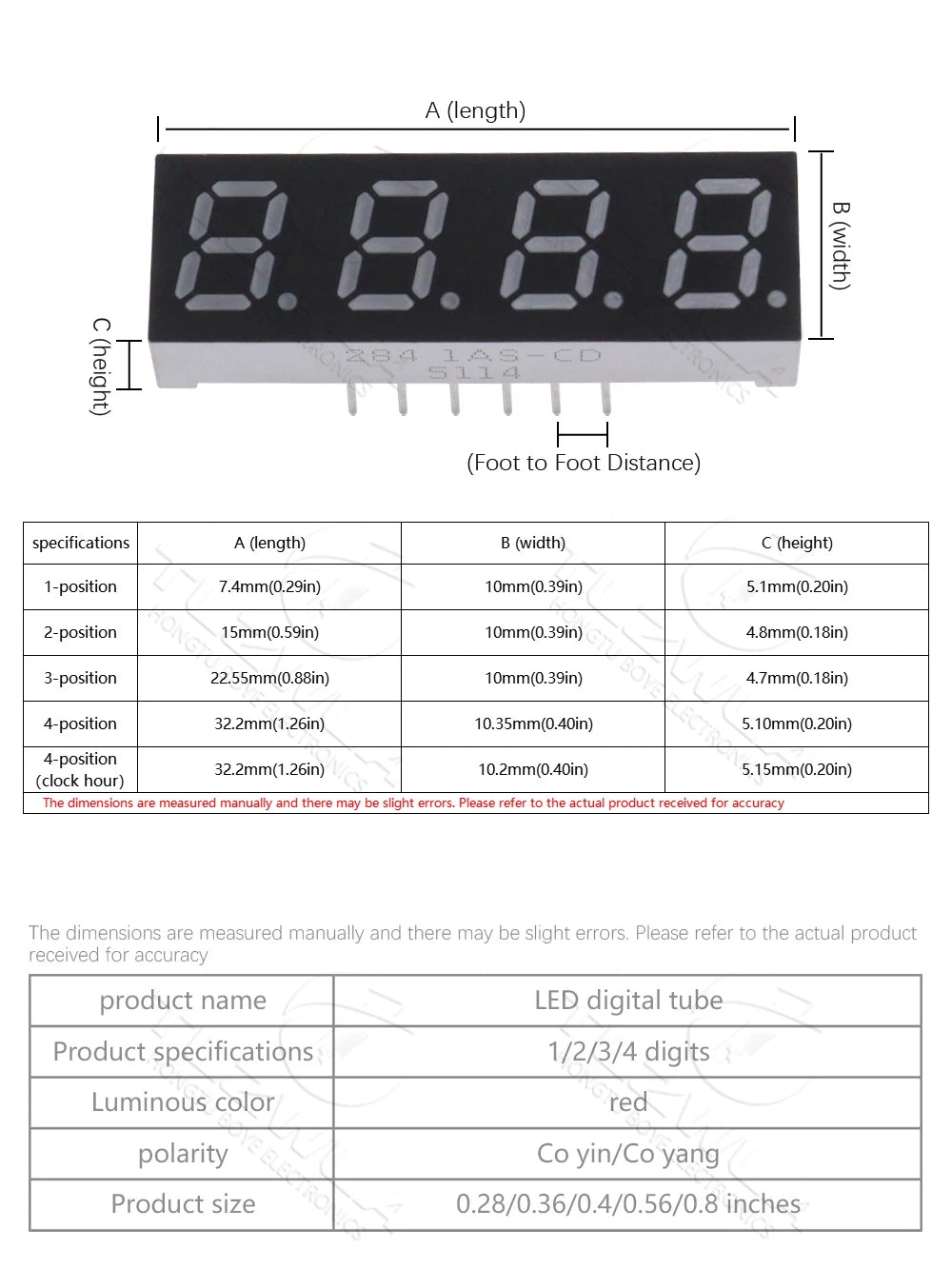 5PCS LED Digital Tube Display 0.28/0.36/0.4/0.56/0.8-Inch 1/2/3/4-Bit 7 Segment Common Cathode/Anode Red/White/Yellow/Green/Blue