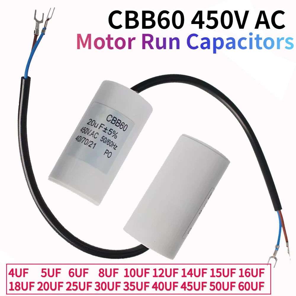 1pc CBB60 Motor Run Capacitors 450VAC Starting Capacitor 5% for Washing Machine 450V 3UF 4UF 5UF 6UF 8UF 10UF 12UF 15UF 18UF 20U