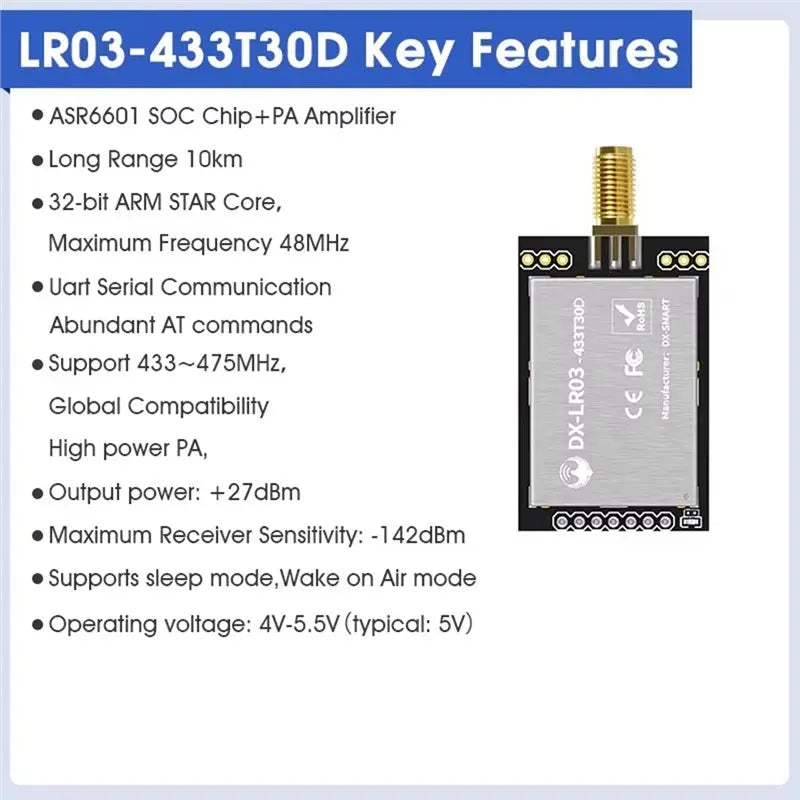 M52K-DX-LR03 433-475Mhz Long Range 10KM Transmission Power 27Dbm Lora Module ASR6601 Uart Serial Port AT Lora Module