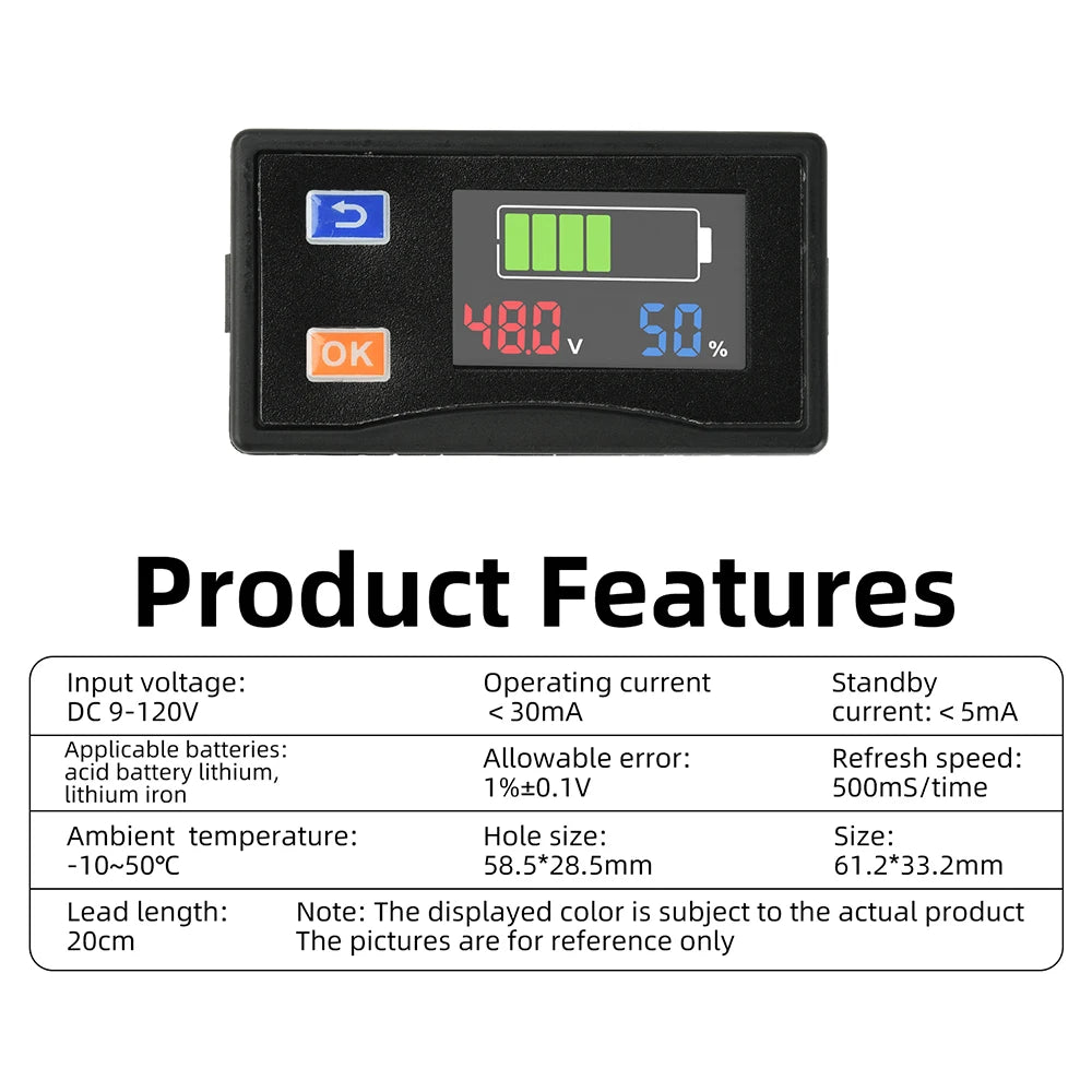 DC 9V-120V 4-color screen Battery Capacity Indicator Lead Acid Lithium  Car Motorcycle Voltmeter Voltage Gauge 7-segment display