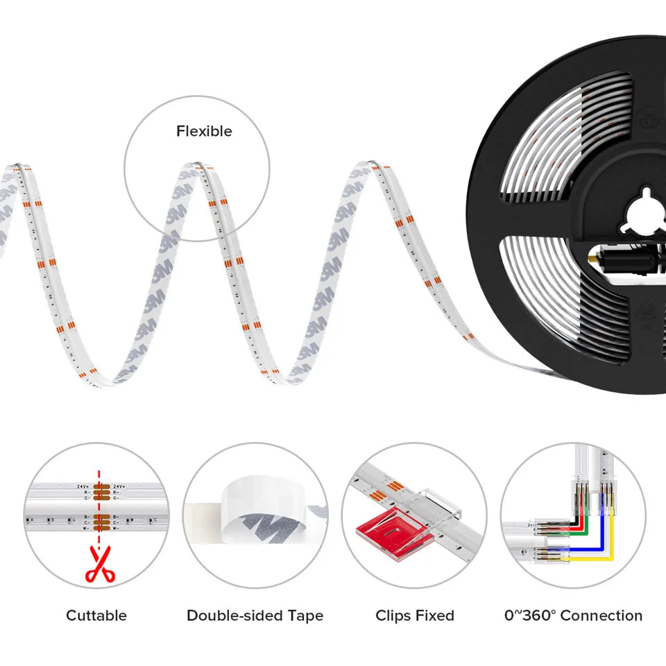 FCOB RGBCCT LED Light Strip 6Pin 12mm DC24V 960 LEDs RGB CW WW FOB Flexible COB Linear Lights High Density RA90 Dimmable Strip