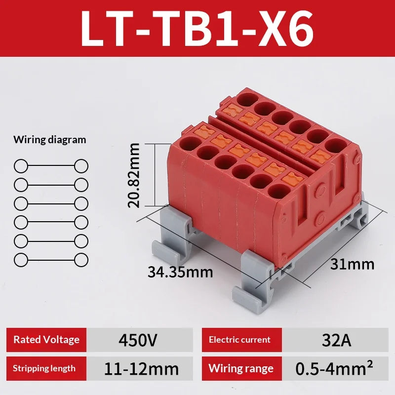 Push-in Terminal Block Multiple In Out Terminal Quick Connection of Wires Din Rail Wire Connector Universal Junction Box TB1-X6D