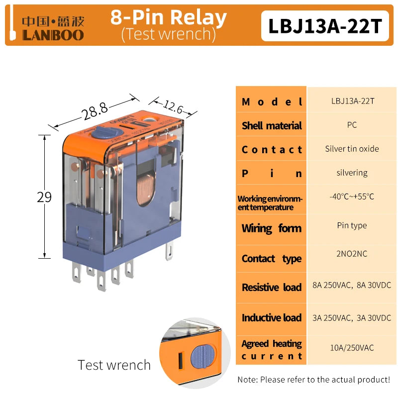 LANBOO J13A Series 5pin 8pin Intermediate Relay Auxiliary Relay 10A 12A 12V 24V 220V Custom Voltage with Test Wrench for Automot