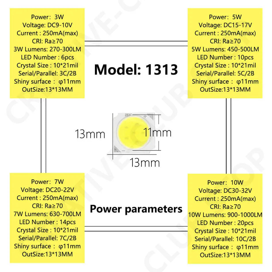 10pcs A Lot 3W/5W/7W/10W 6500K/4000K/3000K LED COB Light Beads 1313 LED Lamp Bead LED Bulb Chip Spot Light Downlight Diode Lamp