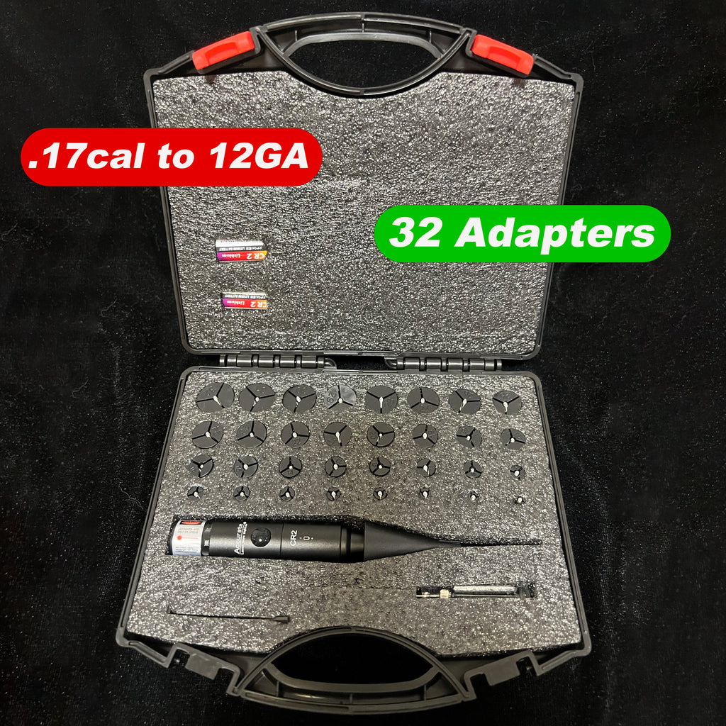 Powerful Green Bore Sighter Laser Bore Sight Kit with 32 Adapters fit 0.17 to 12GA Cal Multiple Caliber for All Gun Rifle Pistol