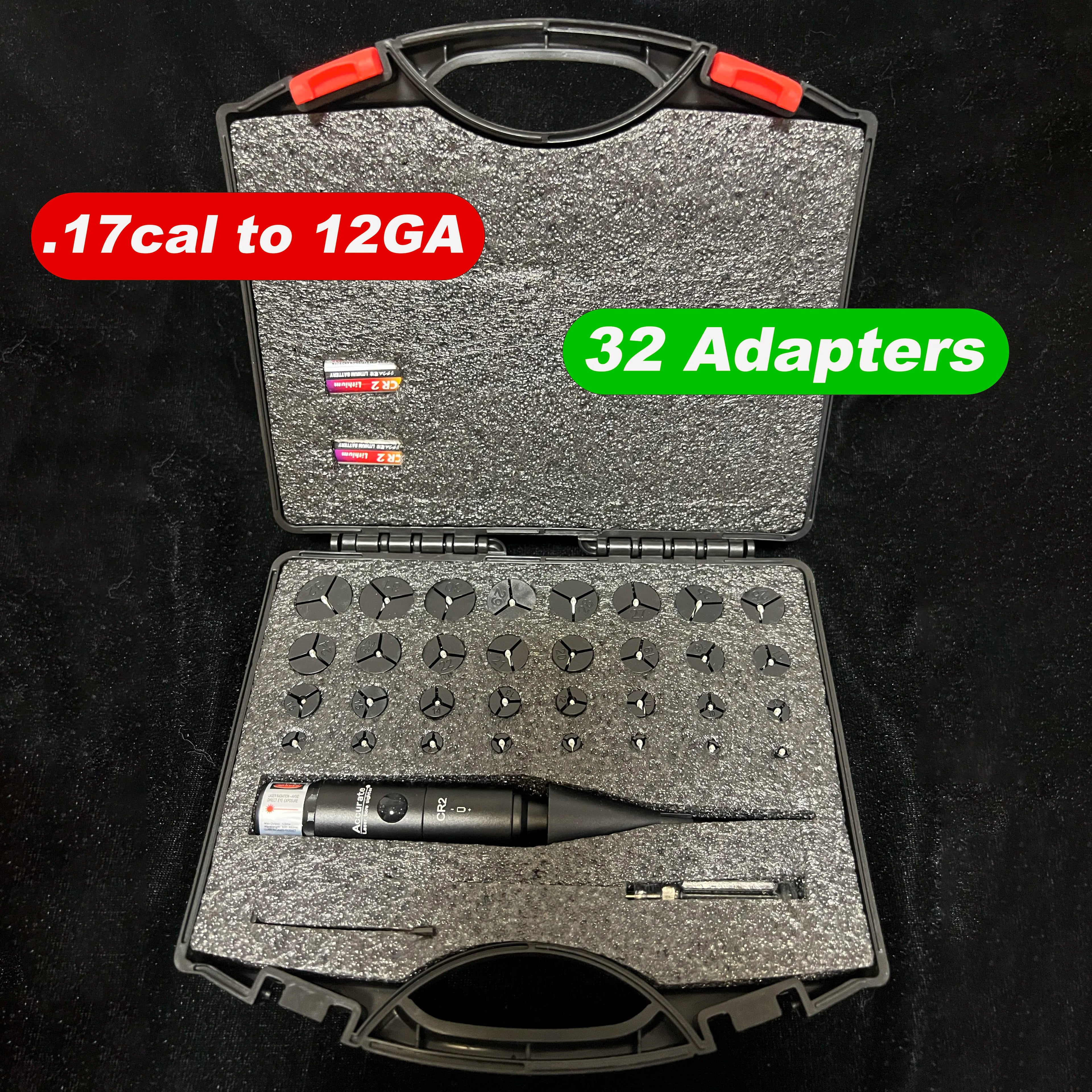 Powerful Green Bore Sighter Laser Bore Sight Kit with 32 Adapters fit 0.17 to 12GA Cal Multiple Caliber for All Gun Rifle Pistol
