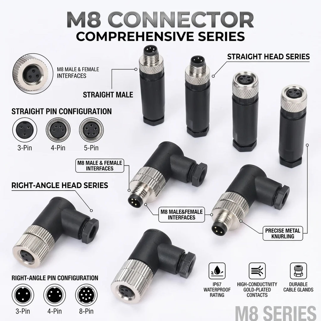 M8 Sensor Connector Waterproof Male&female Plug Straight Angle Screw Threaded Coupling 3pin 4pin 5pin 8pin