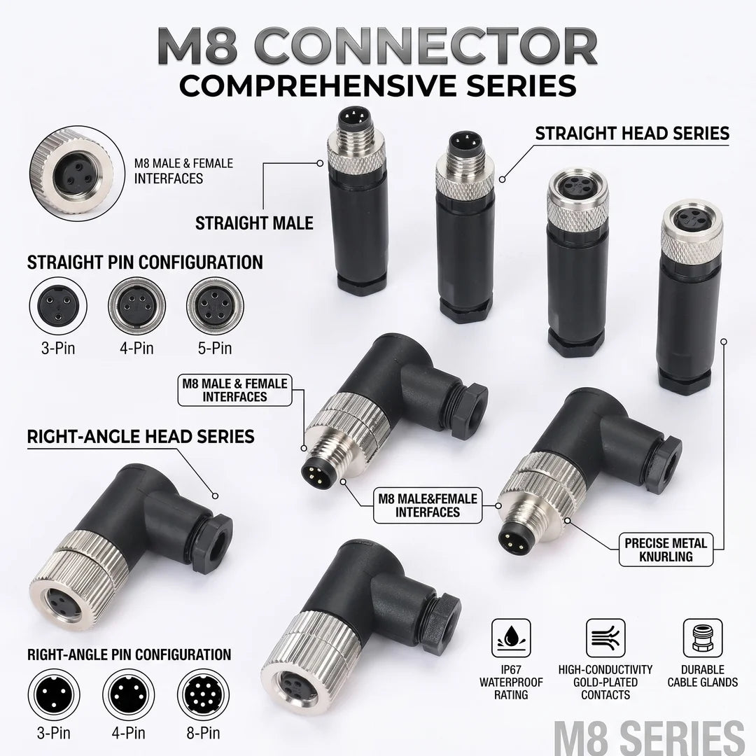 M8 Sensor Connector Waterproof Male&female Plug Straight Angle Screw Threaded Coupling 3pin 4pin 5pin 8pin