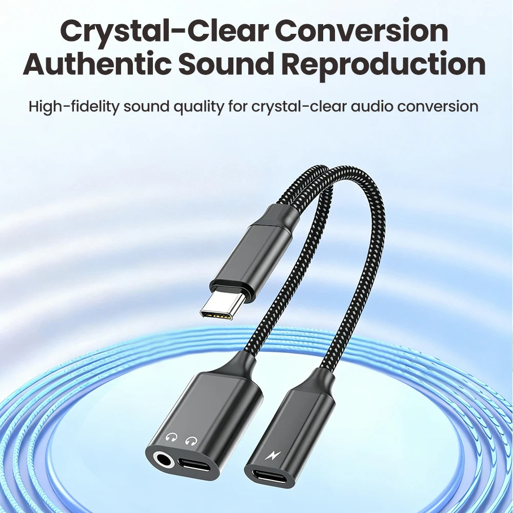 3 in 1 USB C Adapters Type-C to 3.5mm/Type-C Headphones+ Type-C Charging Connector For iPhone 15-17 Xiaomi Huawei Samsung Phones