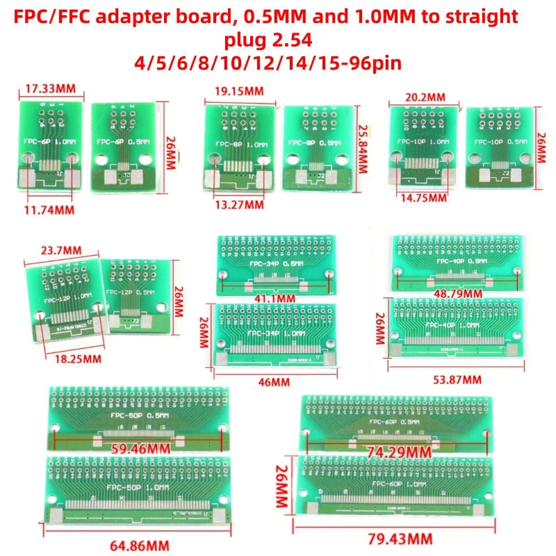 2pcs Double Side 0.5mm 1mm 4 5 6 8 10 12 20 40-96 Pin to DIP 2.54mm FPC/FFC SMT Adapter Socket Plate PCB Board Connector DIY KIT