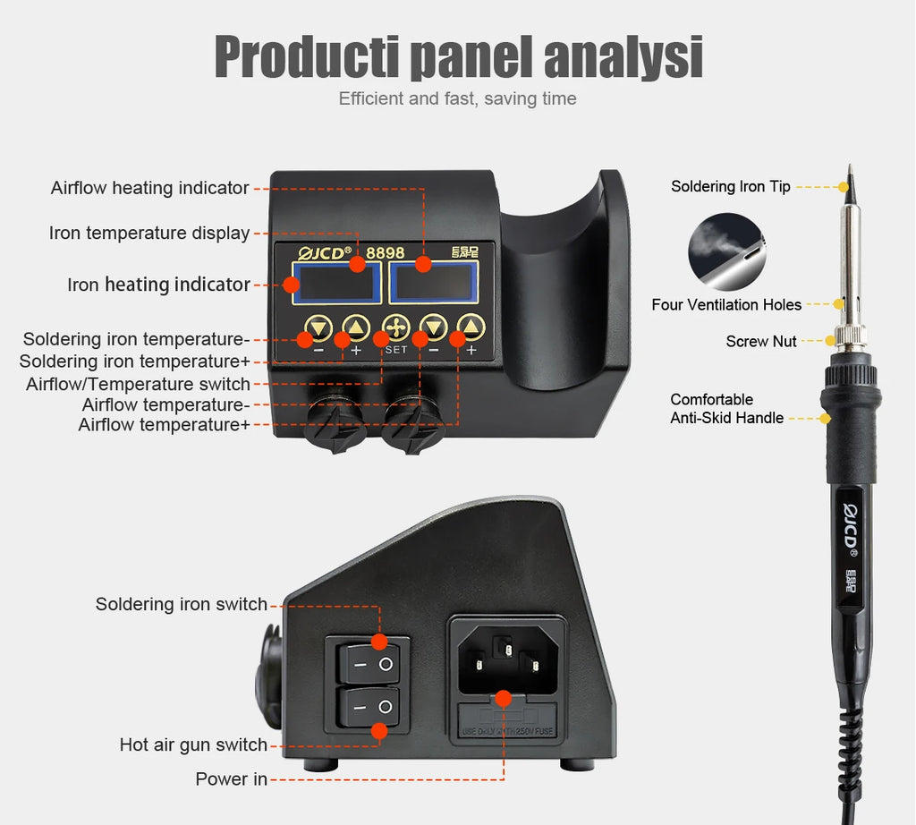 JCD 2 in 1 750W Soldering Station LCD Digital Display Rework Welding Station for Cell-phone BGA SMD IC Repair Solder Tools 8898