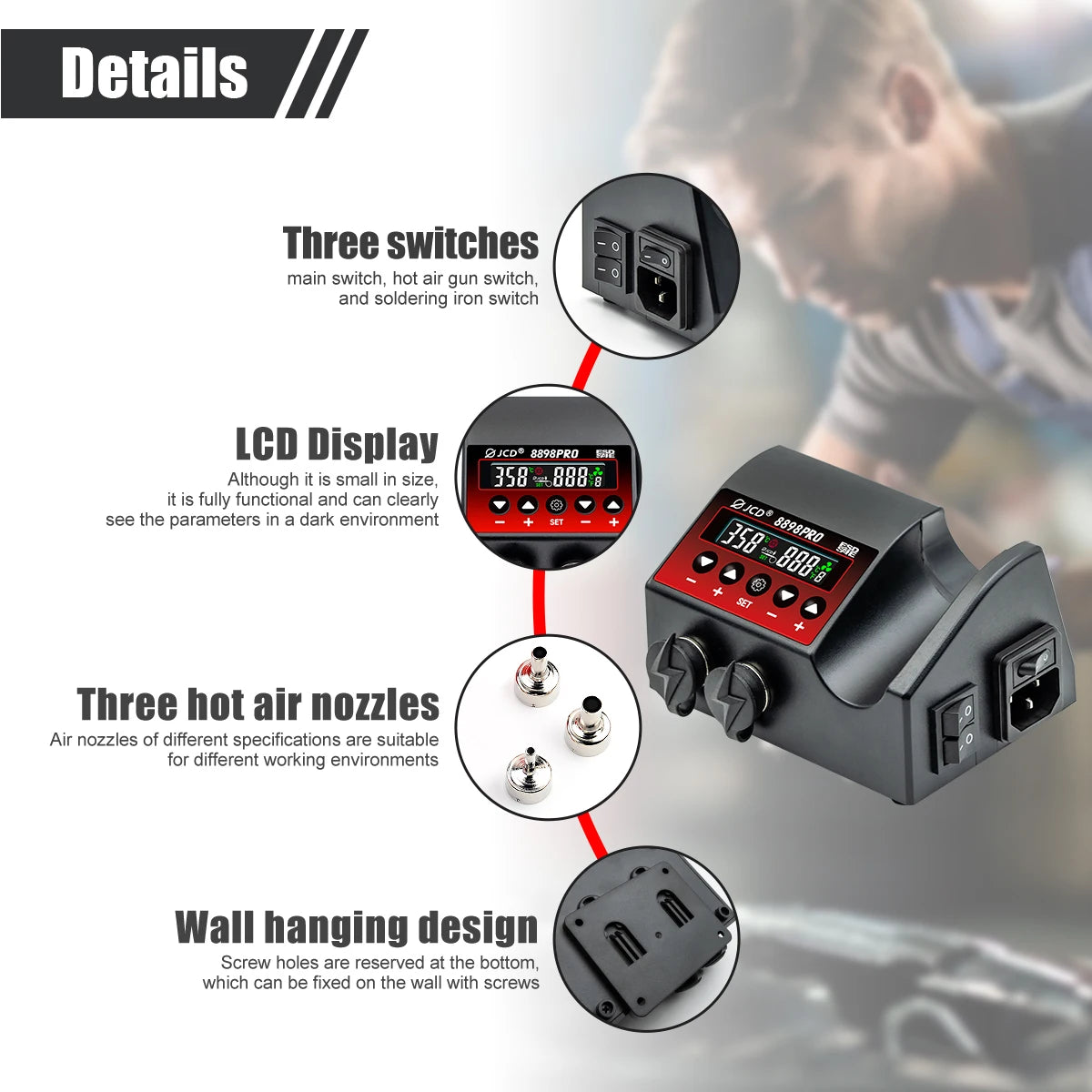 JCD 8898 Soldering Station 2 In 1 Soldering Iron Hot Air Rework Welding Station with Sleep Mode For BGA PCB IC SMD Repair Tools