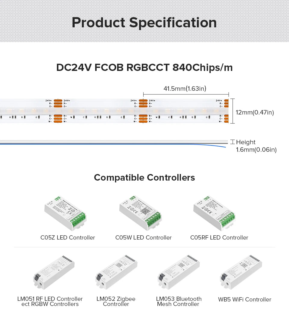 FCOB RGBCCT LED Light Strip 6 Pin 12mm DC24V 960 LEDs RGB CW WW FOB Flexible COB Linear Lights High Density RA90 Dimmable Strip